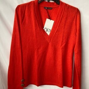 ZARA V Neck Long Sleeves Orange Sweater Medium
